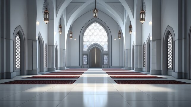 Modern mosque interior with white arches