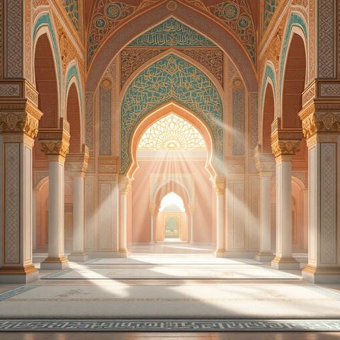 Ornate Islamic arches with golden light
