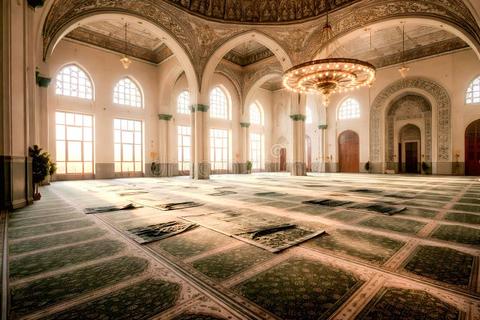 Sunlit mosque prayer hall