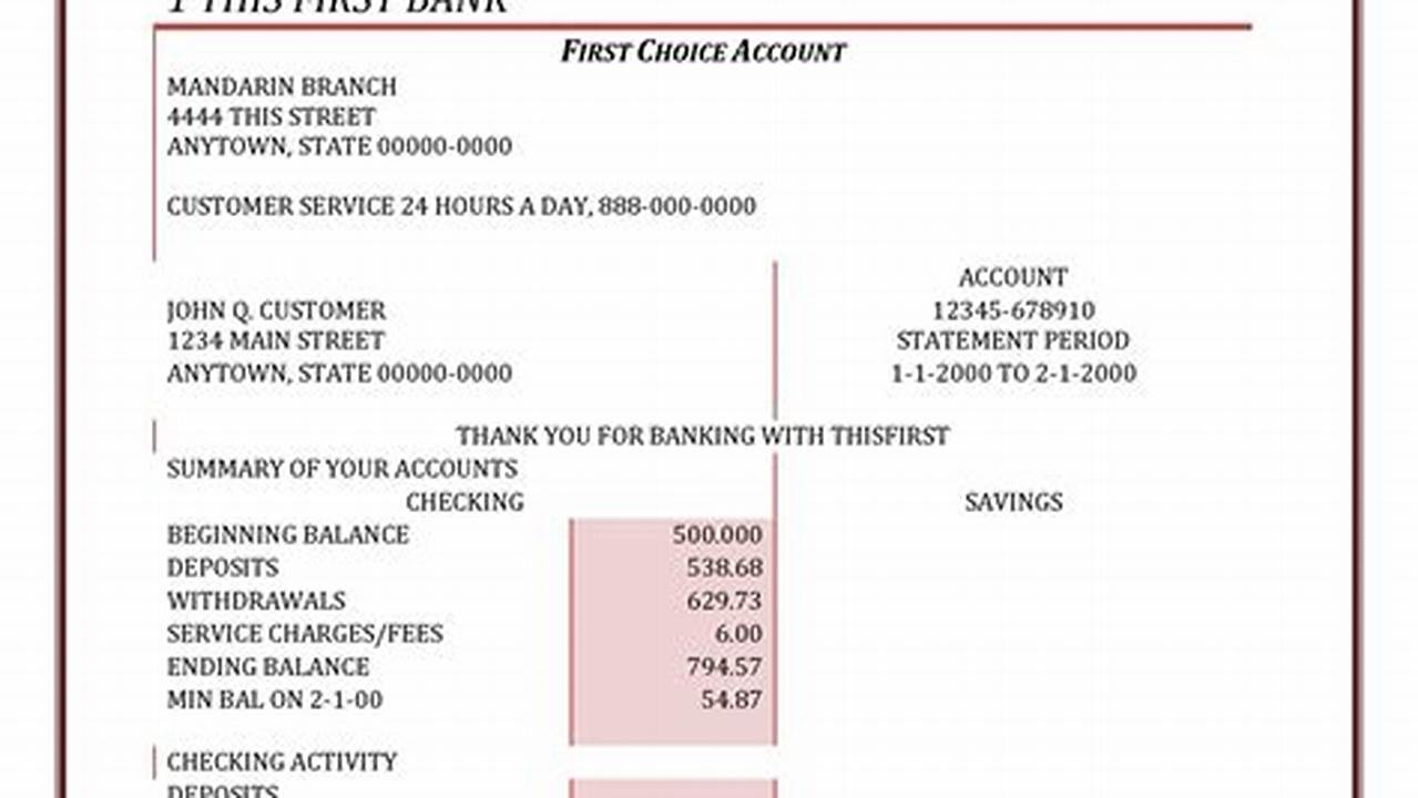 Bank statement template with account summary fields