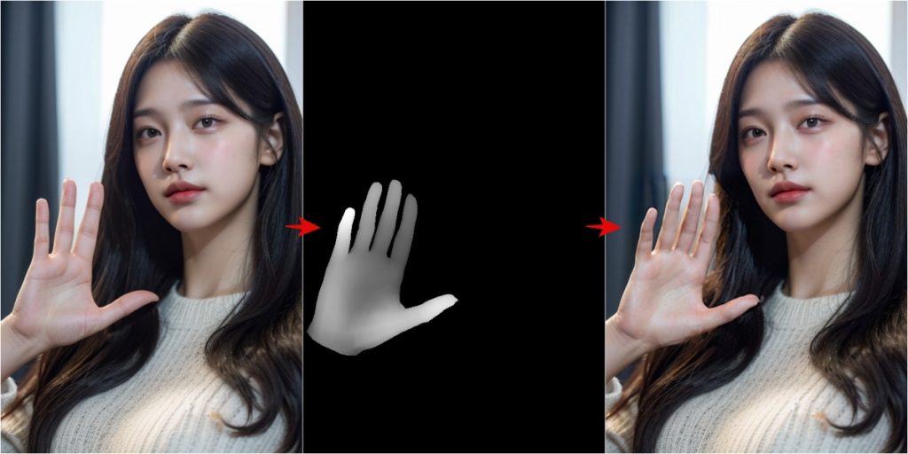 ControlNet hand refiner workflow: original image → hand depth mask → corrected hand